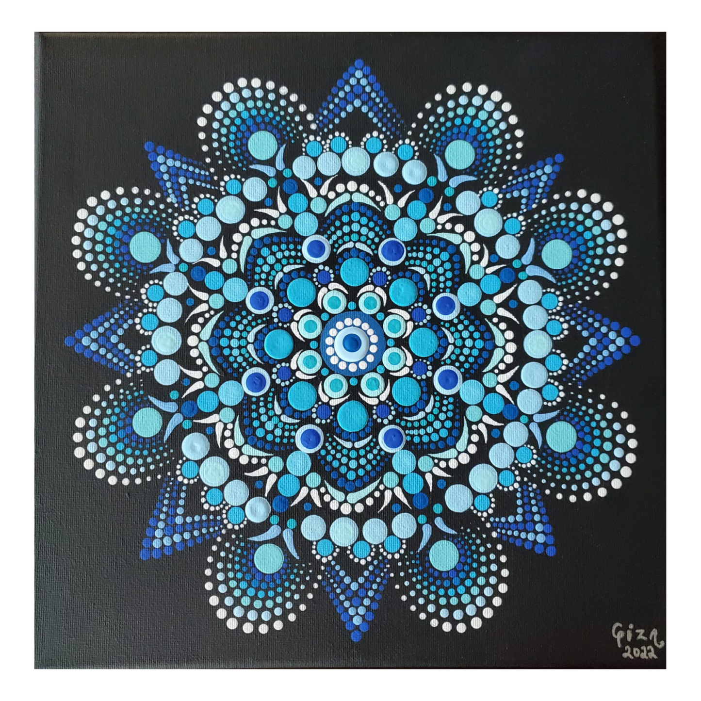 Mandala Painting by Giza 12x12" Blue Star Black Canvas Sold