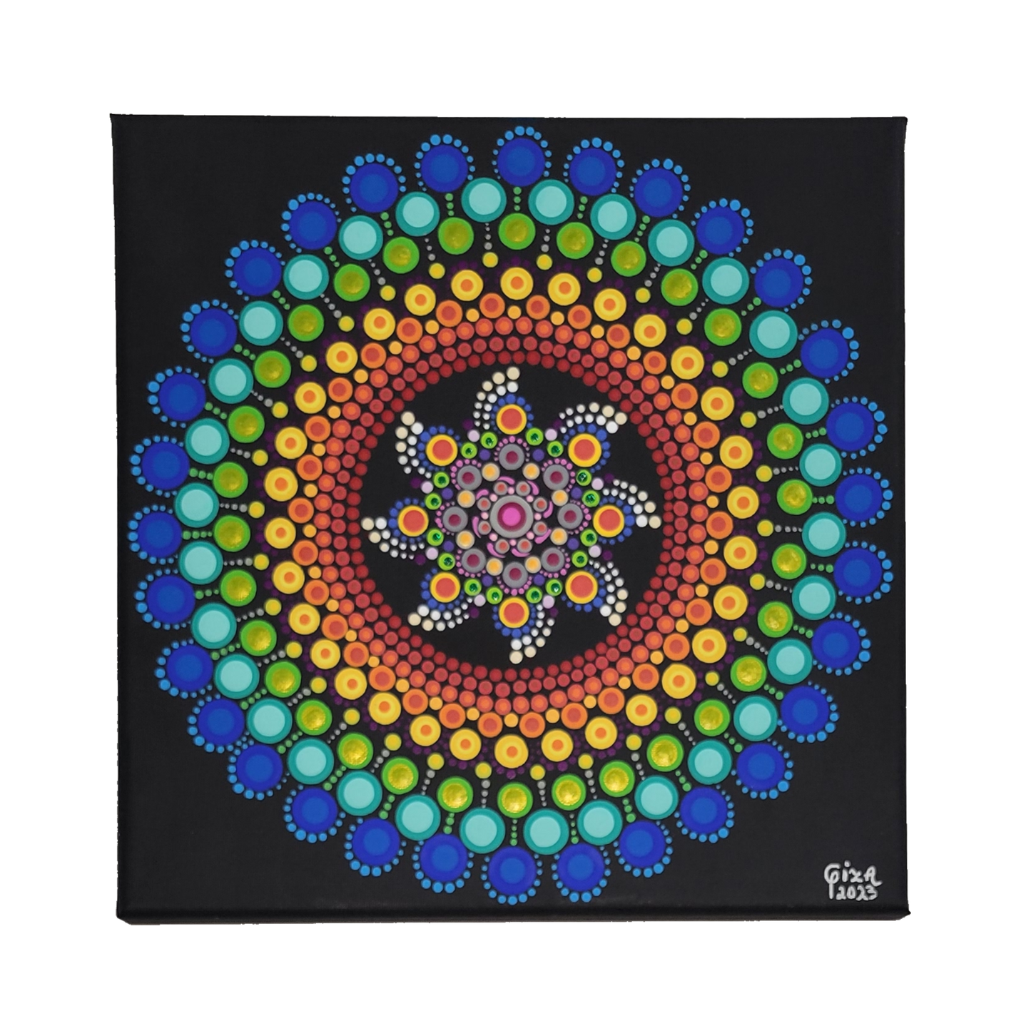Mandala Painting by Giza 12x12" Multi-Color Pinwheel Black Canvas
