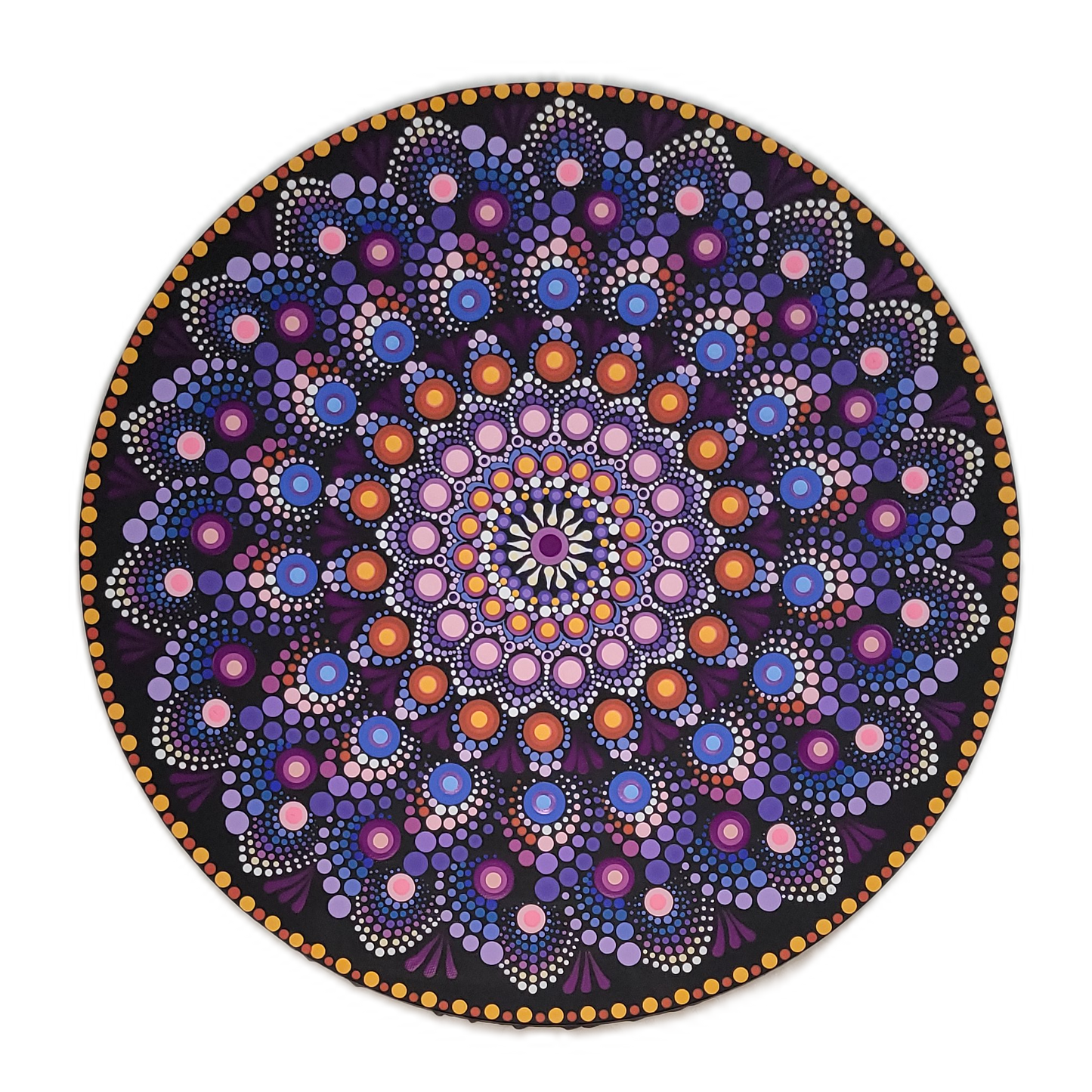 Mandala Painting by Giza 16" Purple Kaleidoscope Circle Black Canvas
