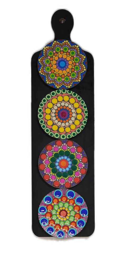 Mandala Coaster Art by Giza Set of 4 on 16" Paddle Real Wood