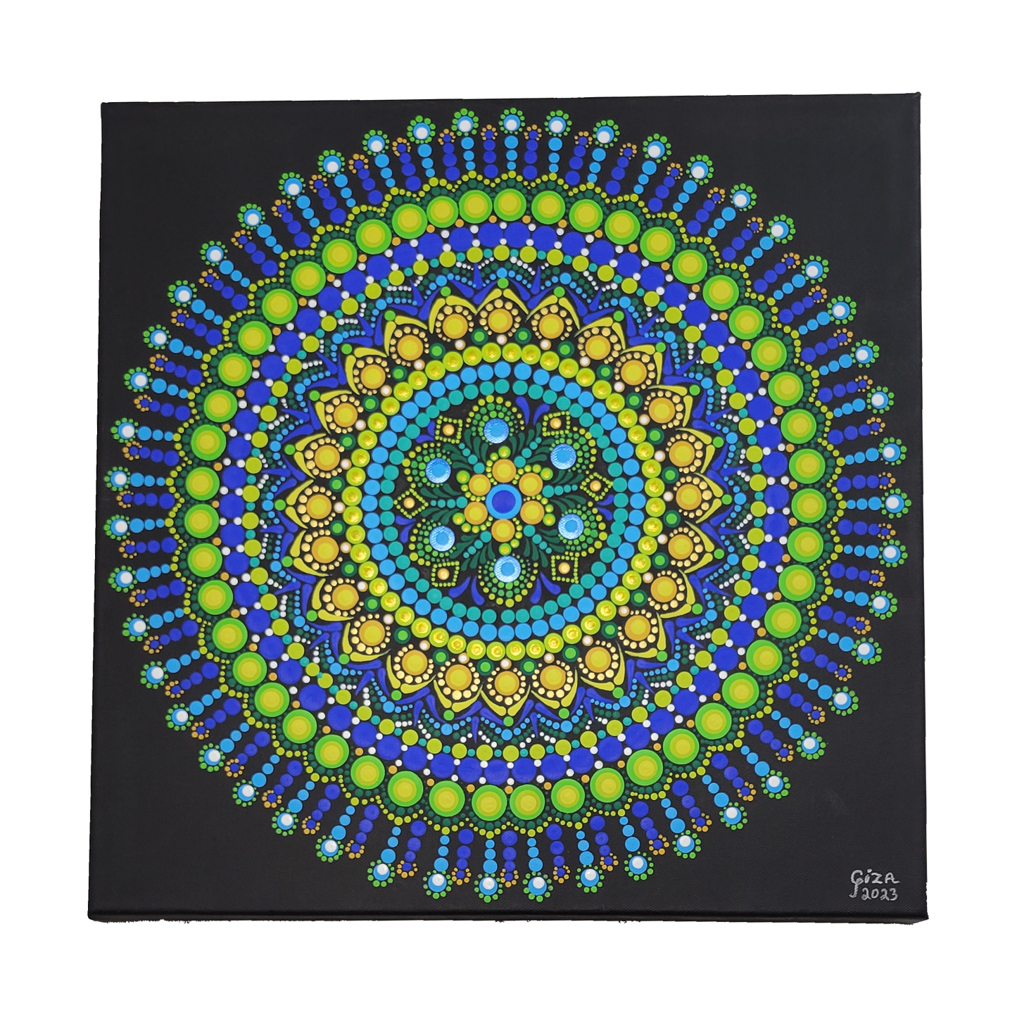 Mandala Painting by Giza 16x16" Blue & Yellow Circle Black Canvas
