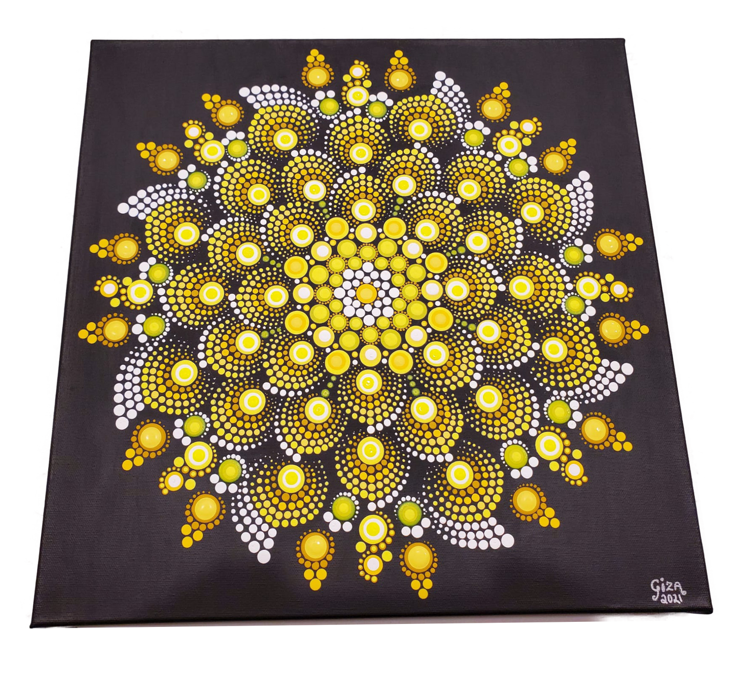 Mandala Painting by Giza 20x16" Yellow Swirl Black Canvas Sold