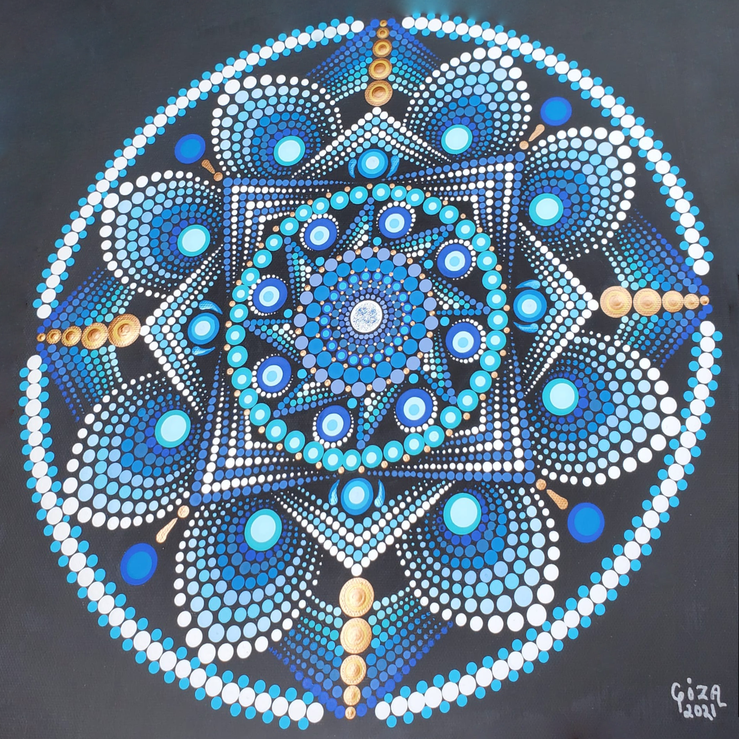 Mandala Painting by Giza 20x20" Mandala Painting by Giza Blue & Gold Circle Black Canvas Sold