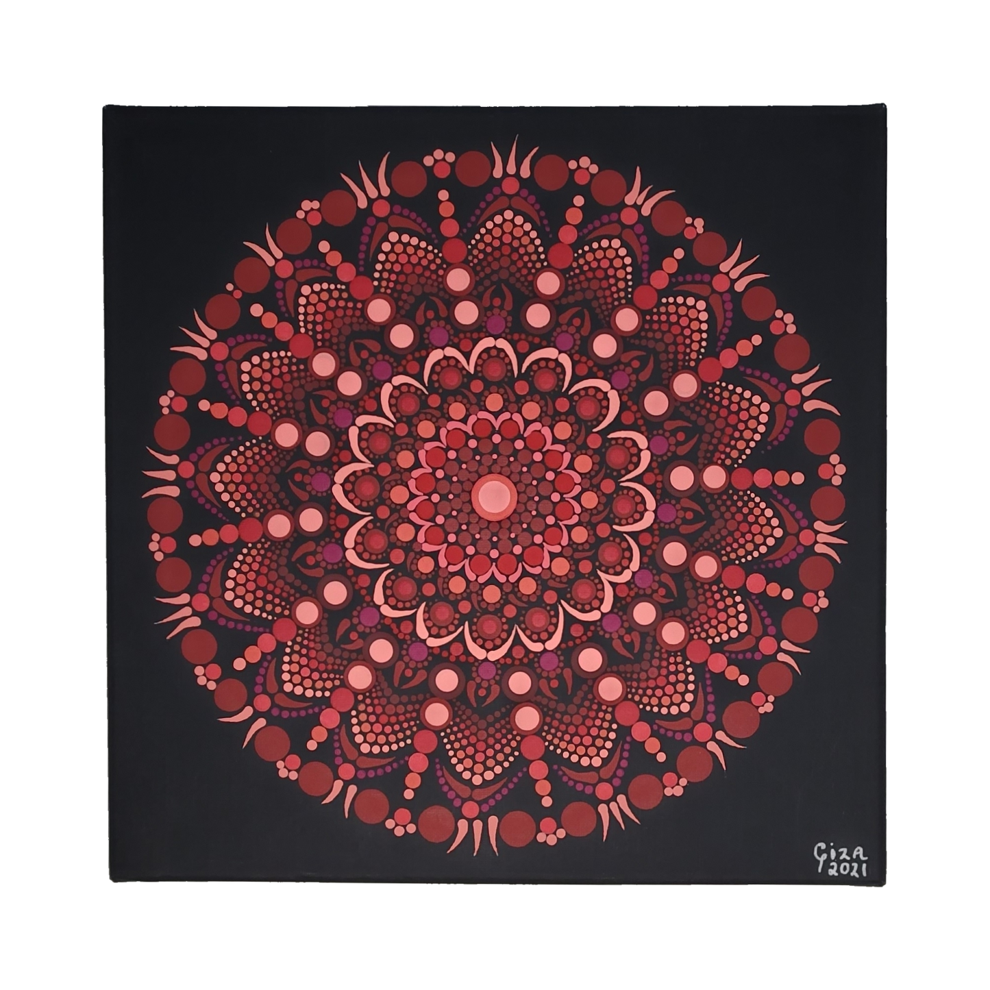 Mandala Painting by Giza 12x12" Red Circle Black Canvas Sold