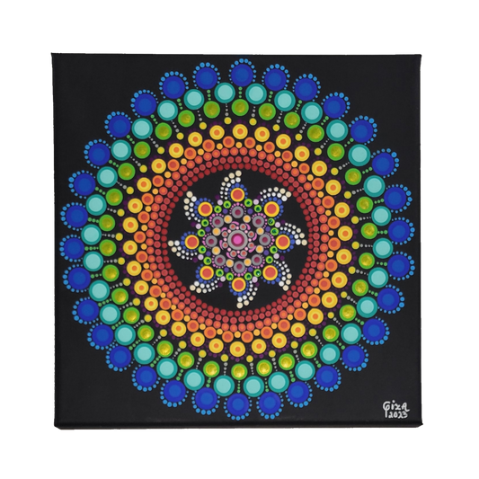 Mandala Painting by Giza 12x12" Multi-Color Pinwheel Black Canvas