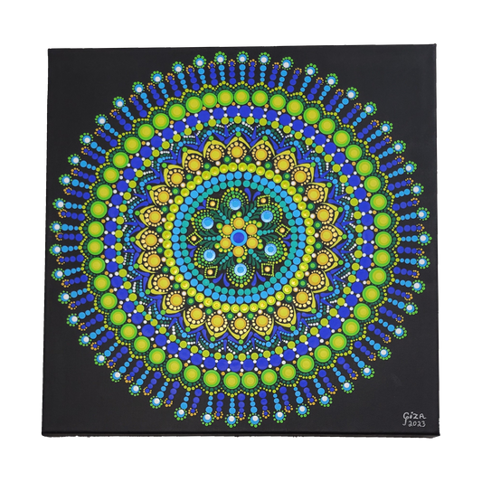 Mandala Painting by Giza 16x16" Blue & Yellow Circle Black Canvas