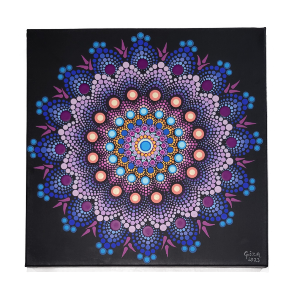 Mandala Painting by Giza 16x16"  Purple & Blue Burst Black Canvas