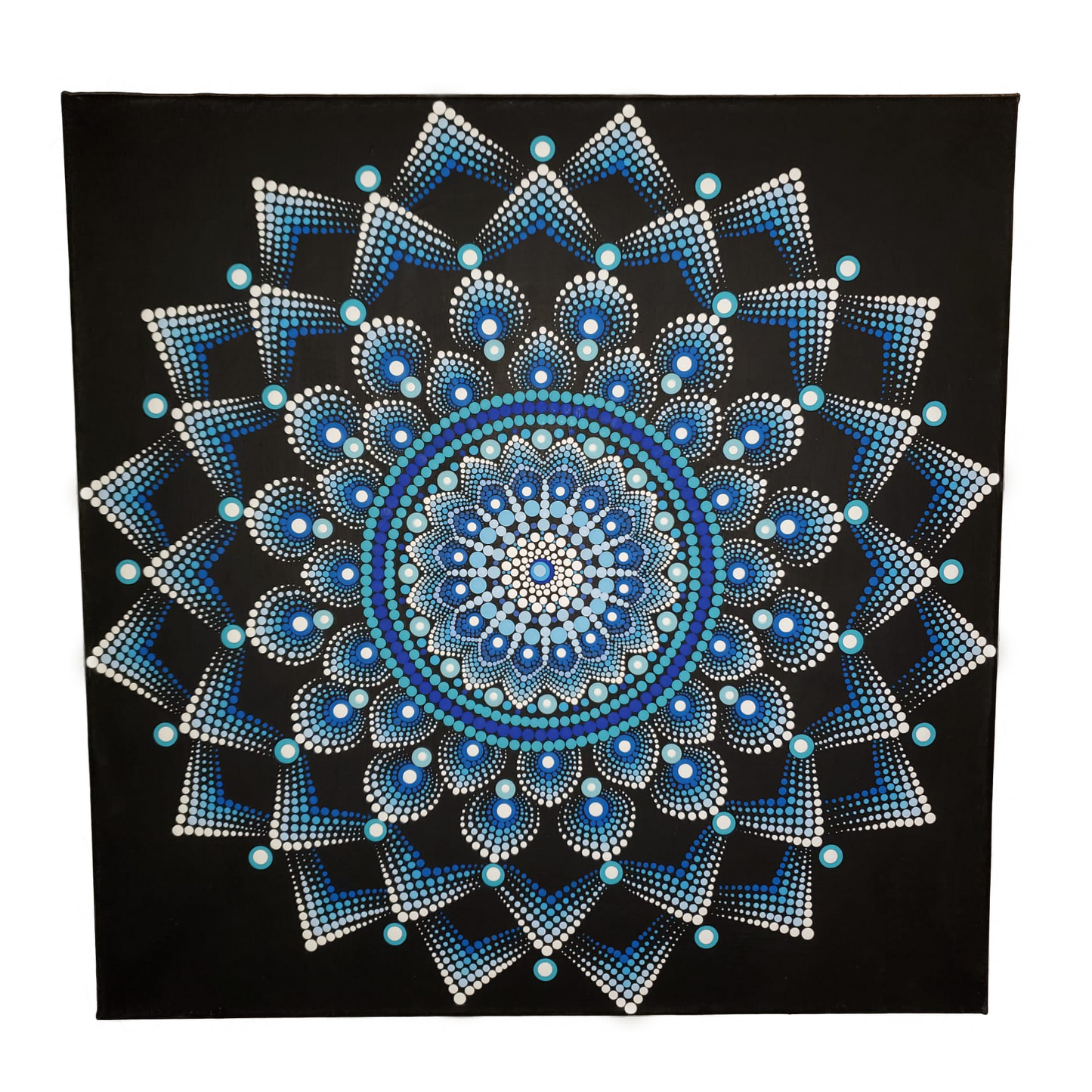 Mandala Painting by Giza 20x20" Mandala Painting by Giza Blue Burst Black Canvas Sold