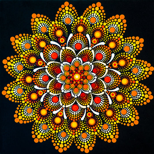 Mandala Painting by Giza 16x16" Orange Starburst Black Canvas