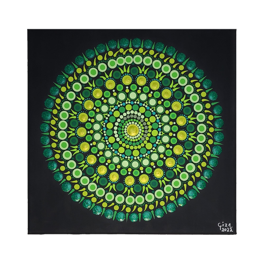 Mandala Painting by Giza 12x12" Green Circle Black Canvas
